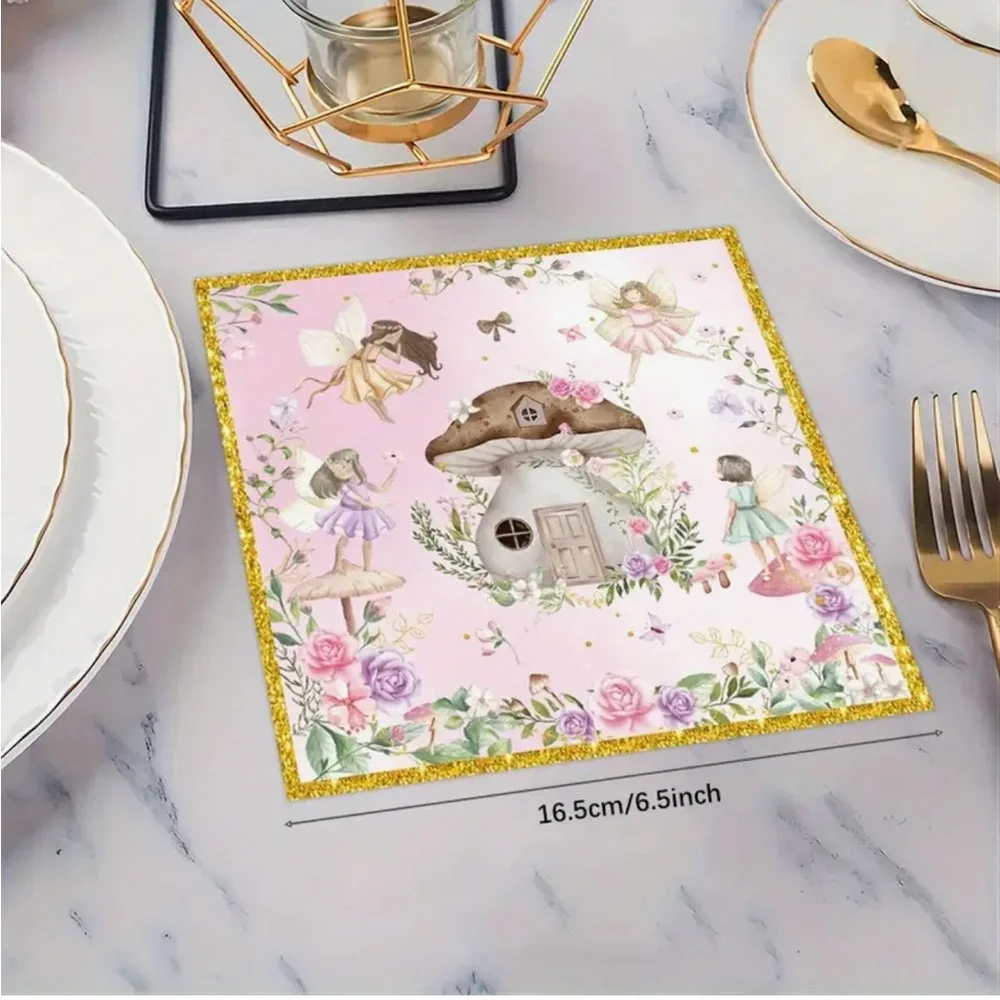 Fairy Garden Mushroom Forest House Paper Napkins with Gold Trim, 20pcs